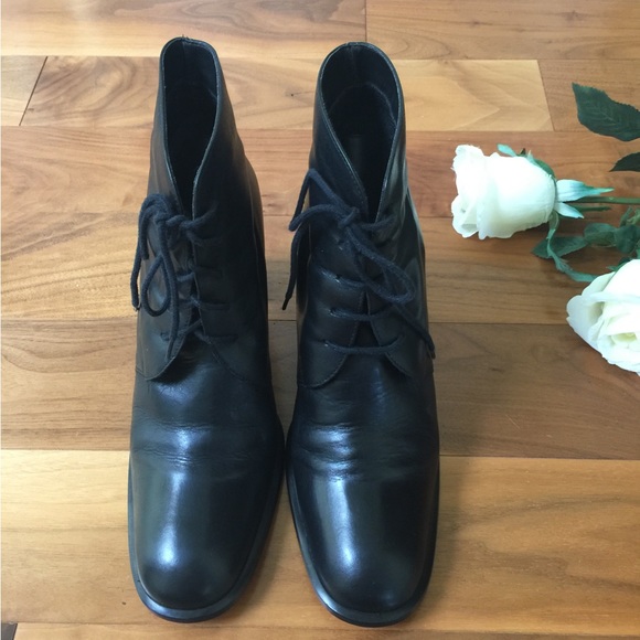 Shiny soft Black real Leather high ankle boots round toe tie-up laces Eu41 US 10 - Picture 11 of 14